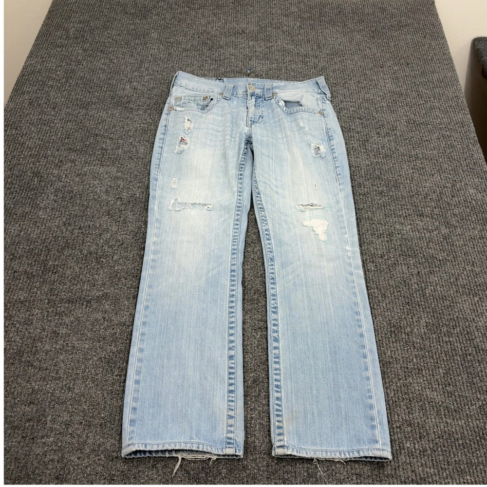 True Religion Jeans Mens 31 Light Wash Cotton Distressed Straight Leg Y2K Style